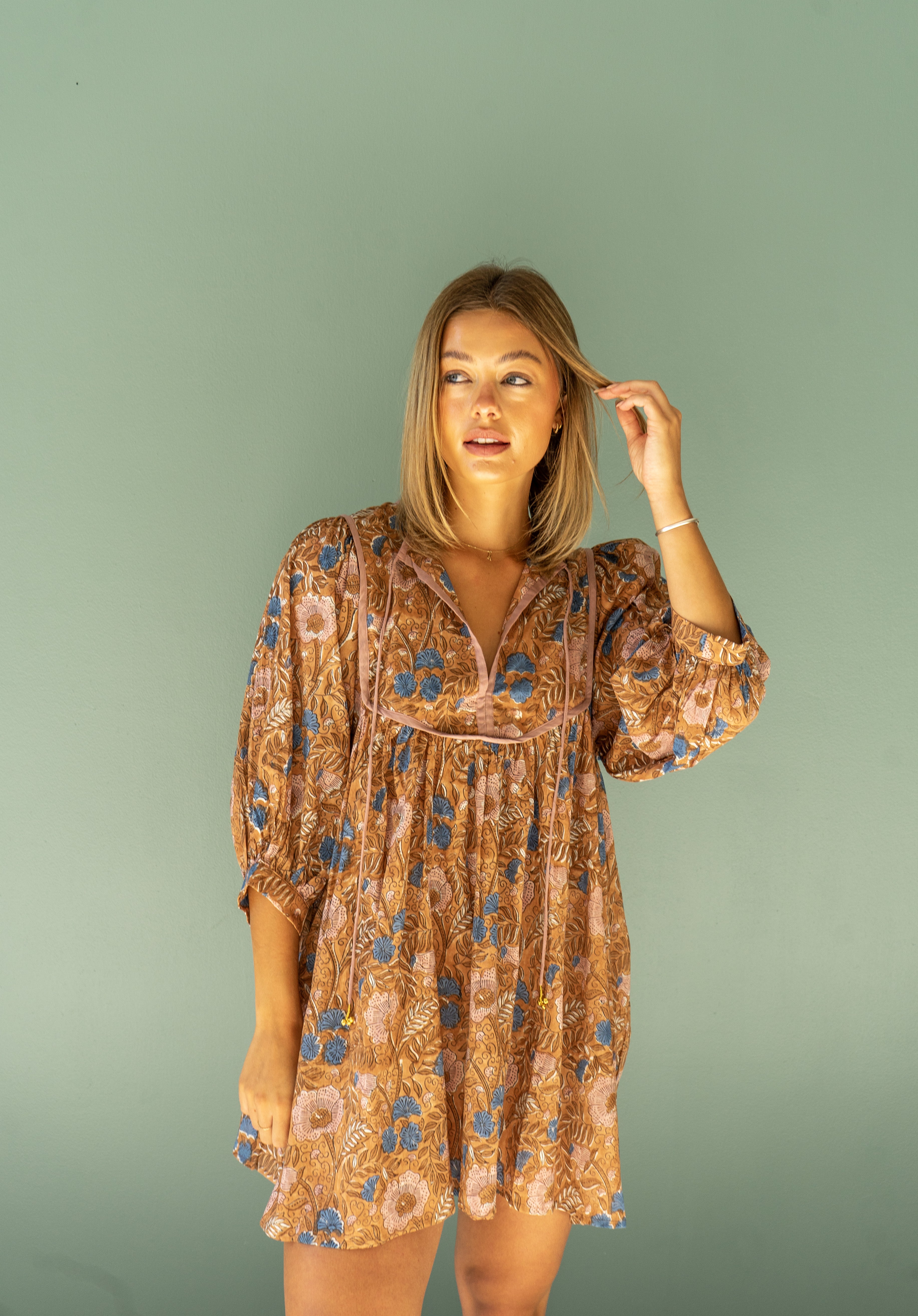 brown block print dress Tatiana Dress: Ochre S